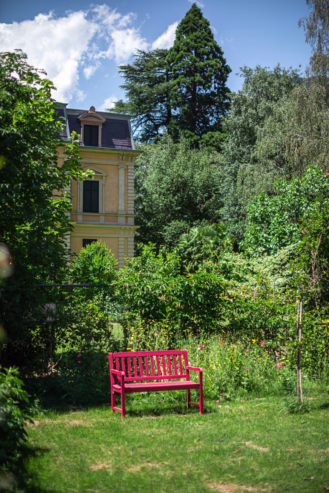 Giardino con una panca rossa